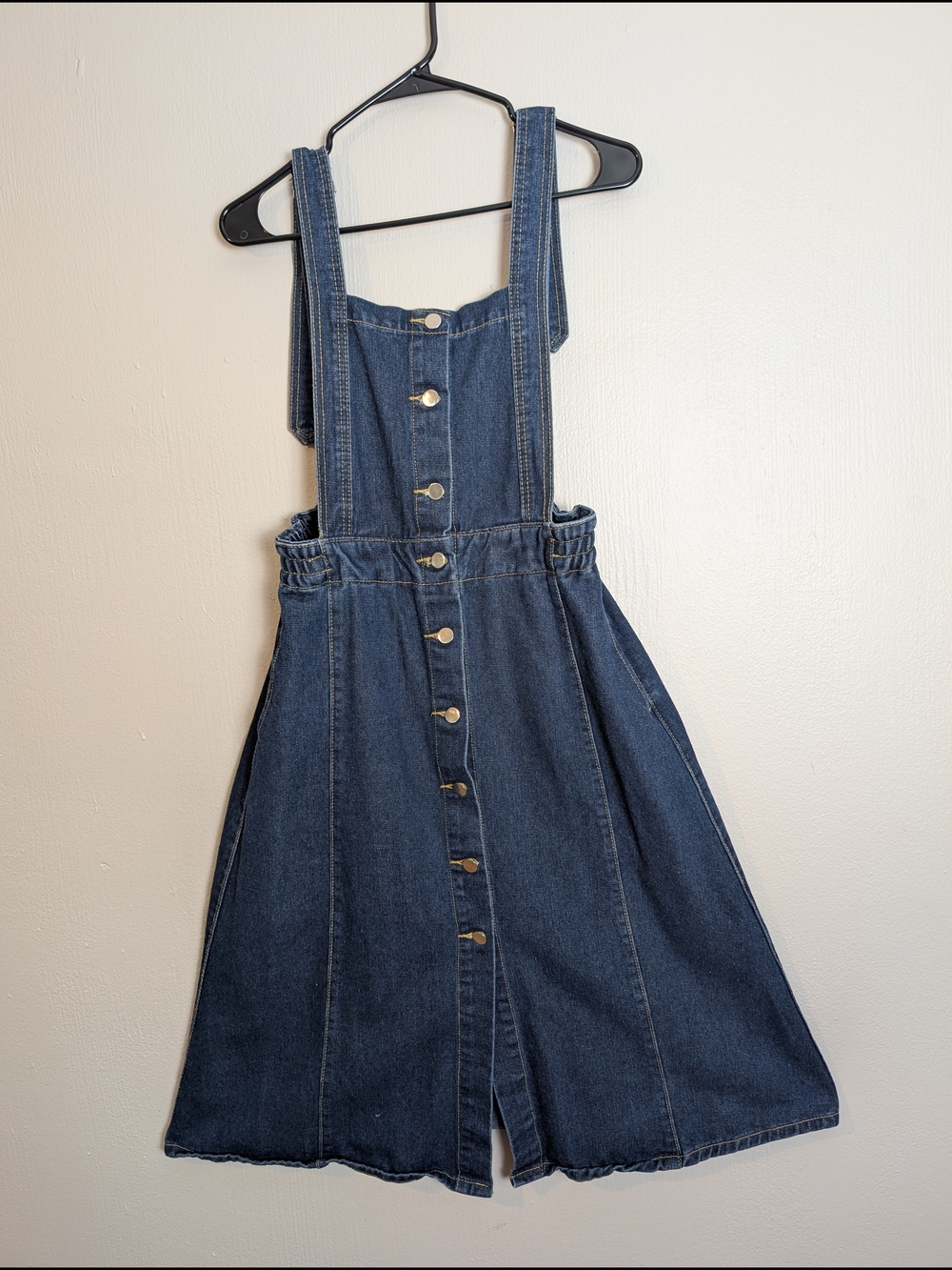 Denim Button-Front Midi Pinafore Dress - Blue